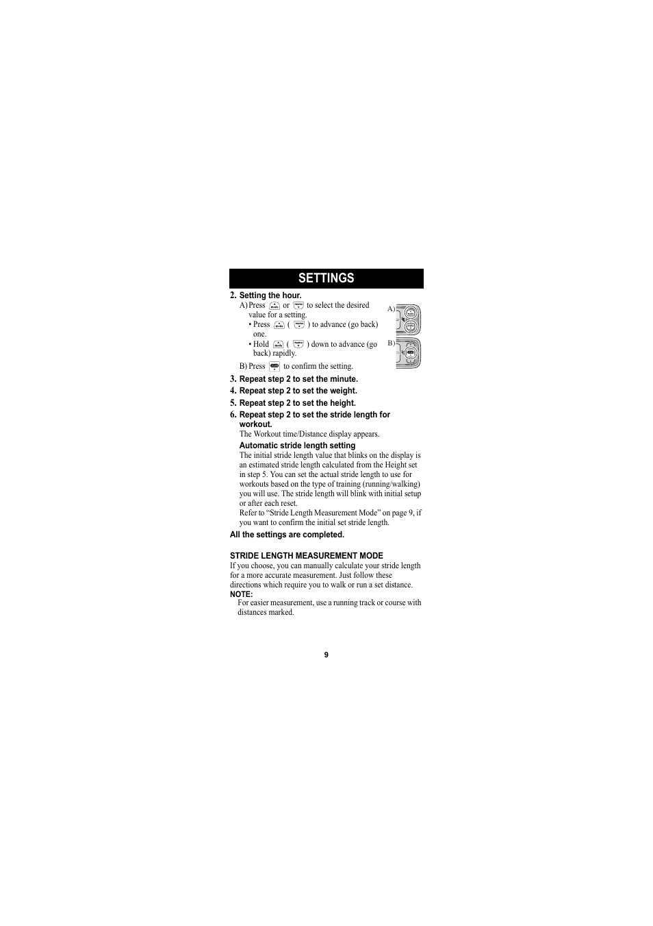 Operating instructions, Settings | Omron Healthcare GOSMART HJA-301 User Manual | Page 9 / 32