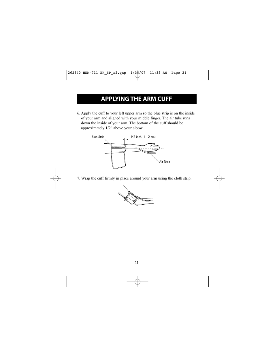 Applying the arm cuff | Omron Healthcare INTELLISENSE HEM-711DLX User Manual | Page 21 / 72