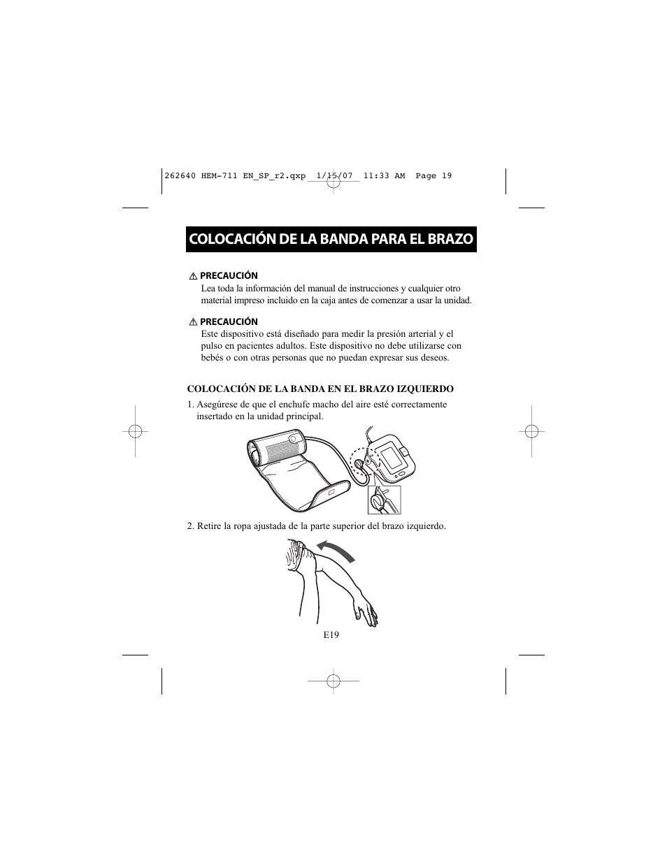 Colocación de la banda para el brazo | Omron Healthcare INTELLISENSE HEM-711DLX User Manual | Page 55 / 72