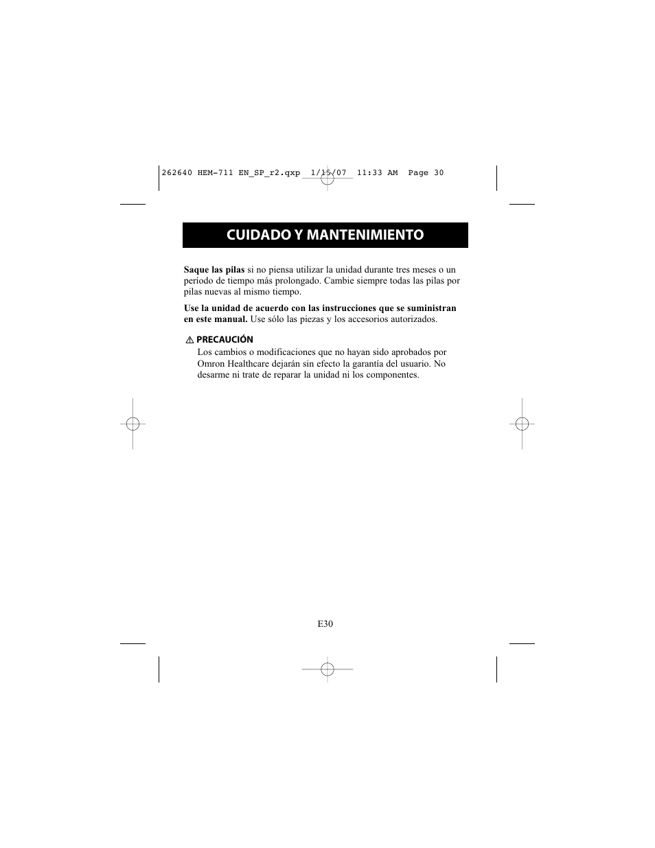 Cuidado y mantenimiento | Omron Healthcare INTELLISENSE HEM-711DLX User Manual | Page 66 / 72