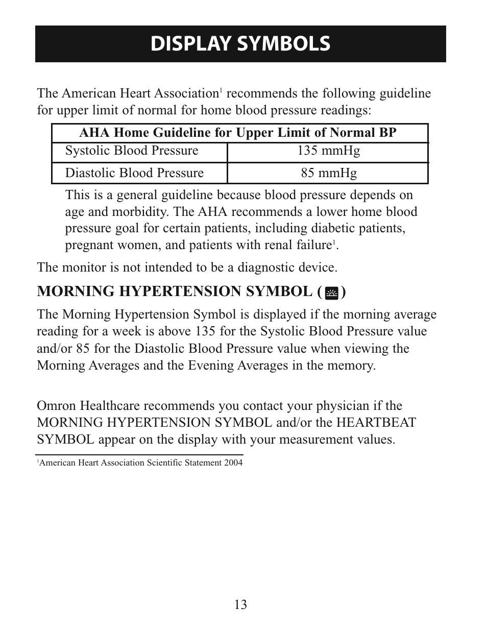 Display symbols, Morning hypertension symbol ( ) | Omron Healthcare INTELLISENSE BP760 User Manual | Page 13 / 44