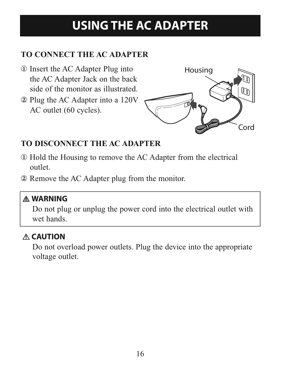 Using the ac adapter | Omron Healthcare INTELLISENSE BP760 User Manual | Page 16 / 44