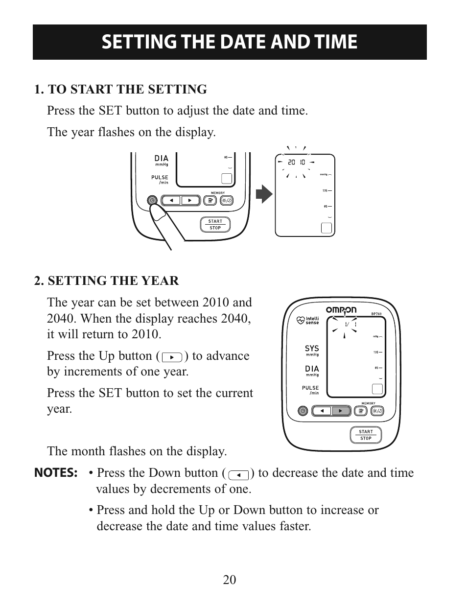 Setting the date and time | Omron Healthcare INTELLISENSE BP760 User Manual | Page 20 / 44