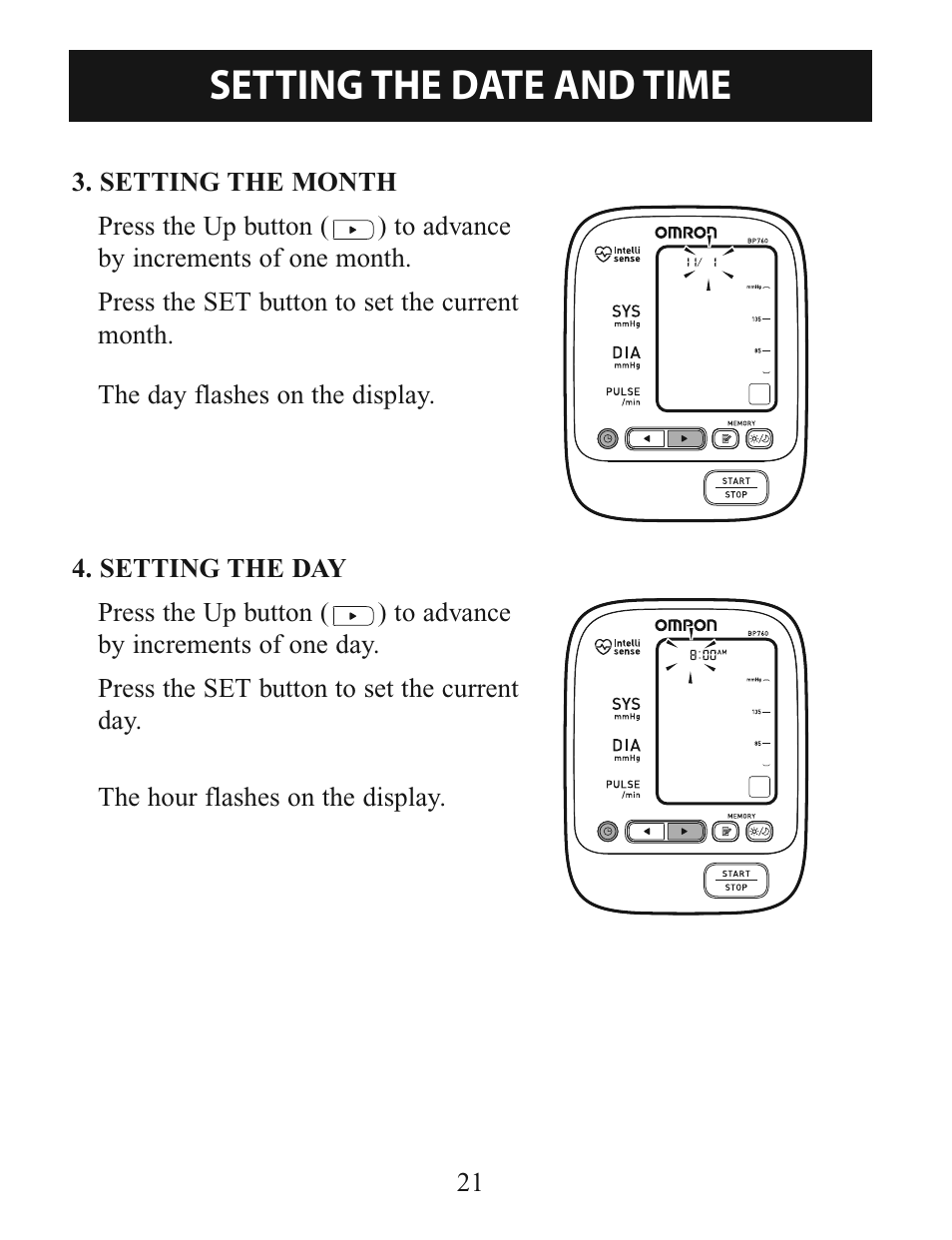 Setting the date and time | Omron Healthcare INTELLISENSE BP760 User Manual | Page 21 / 44