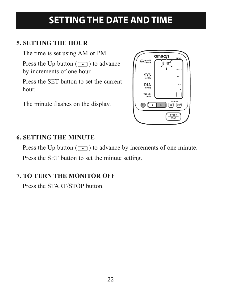 Setting the date and time | Omron Healthcare INTELLISENSE BP760 User Manual | Page 22 / 44