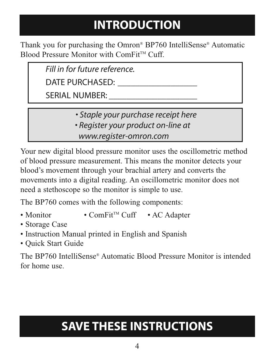 Introduction, Save these instructions, Before using the monitor | Omron Healthcare INTELLISENSE BP760 User Manual | Page 4 / 44