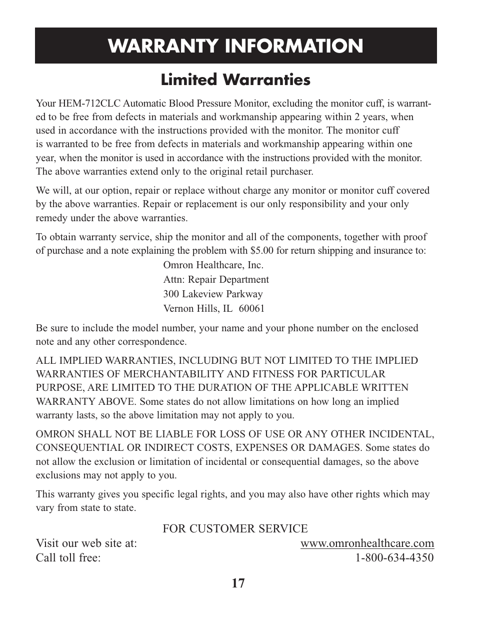 Warranty information, Limited warranties | Omron Healthcare HEM-712CLC User Manual | Page 17 / 40