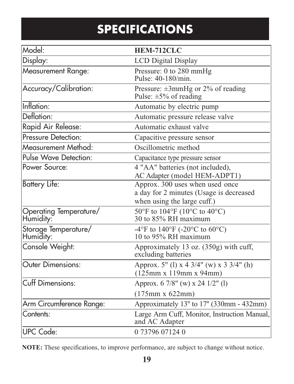 Specifications | Omron Healthcare HEM-712CLC User Manual | Page 19 / 40