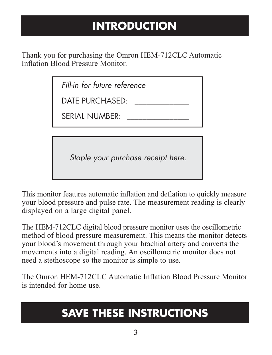 Introduction, Save these instructions | Omron Healthcare HEM-712CLC User Manual | Page 3 / 40