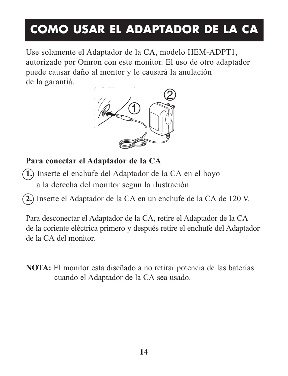 Como usar el adaptador de la ca | Omron Healthcare HEM-712CLC User Manual | Page 34 / 40