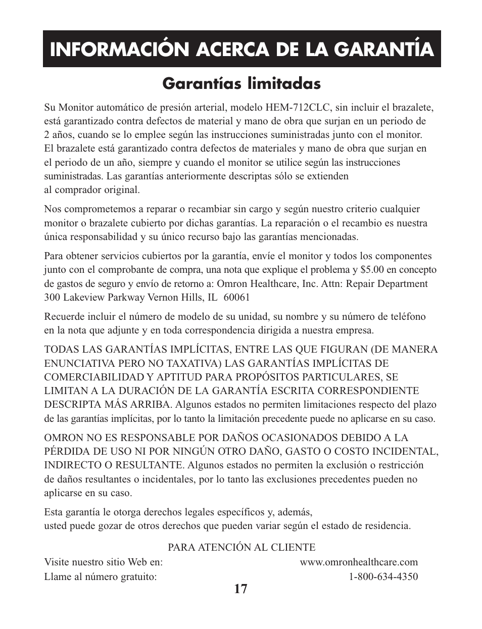 Información acerca de la garantía, Garantías limitadas | Omron Healthcare HEM-712CLC User Manual | Page 37 / 40