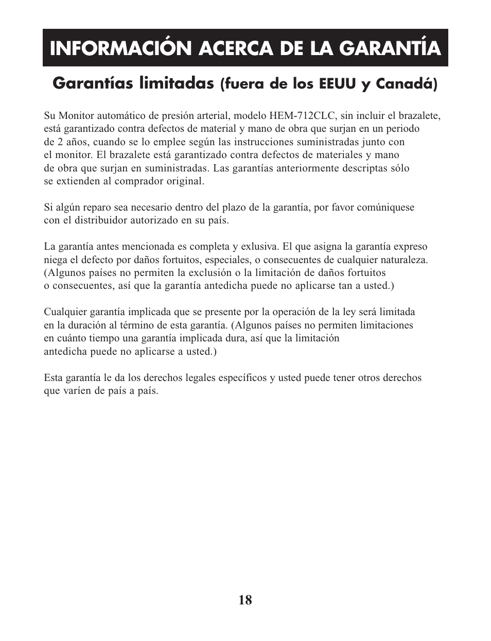 Información acerca de la garantía, Garantías limitadas | Omron Healthcare HEM-712CLC User Manual | Page 38 / 40