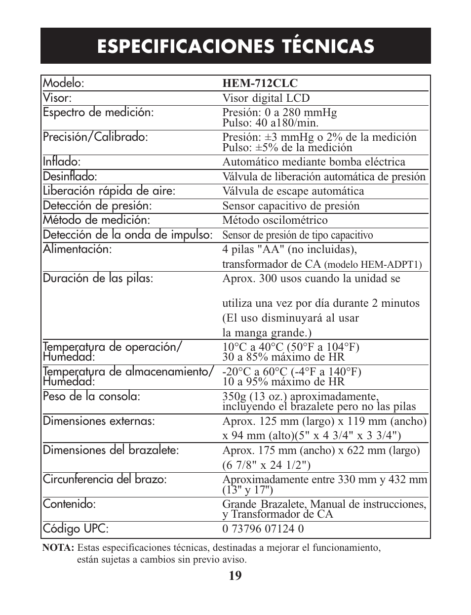 Especificaciones técnicas | Omron Healthcare HEM-712CLC User Manual | Page 39 / 40