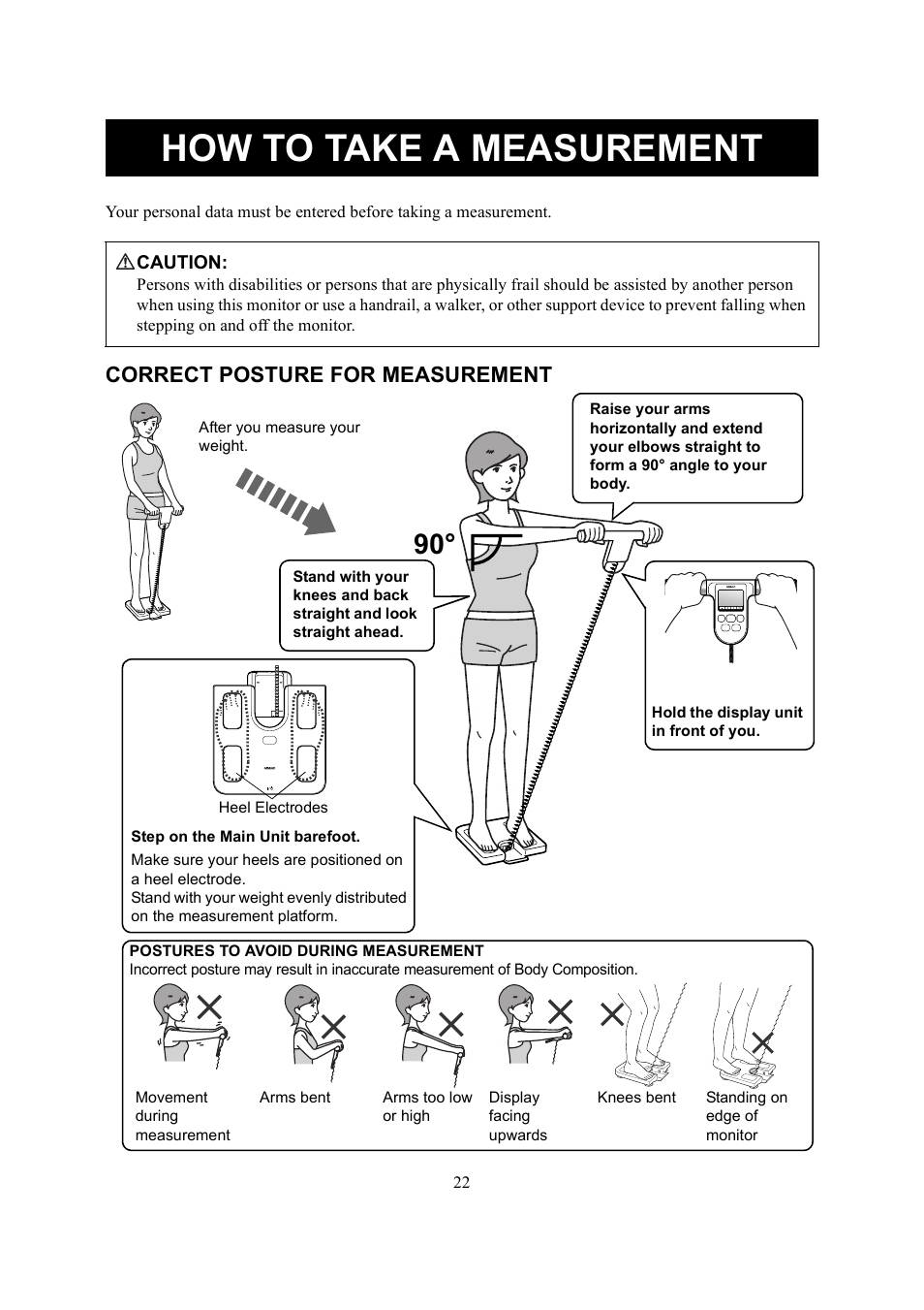 How to take a measurement, Correct posture for measurement | Omron Healthcare HBF-510 User Manual | Page 22 / 36