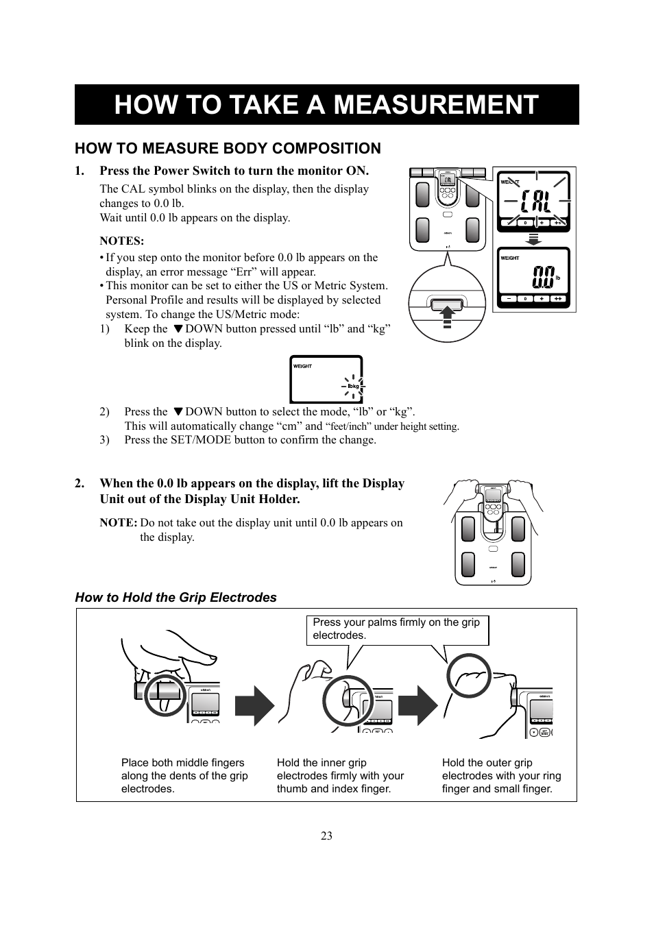 How to take a measurement, How to measure body composition | Omron Healthcare HBF-510 User Manual | Page 23 / 36