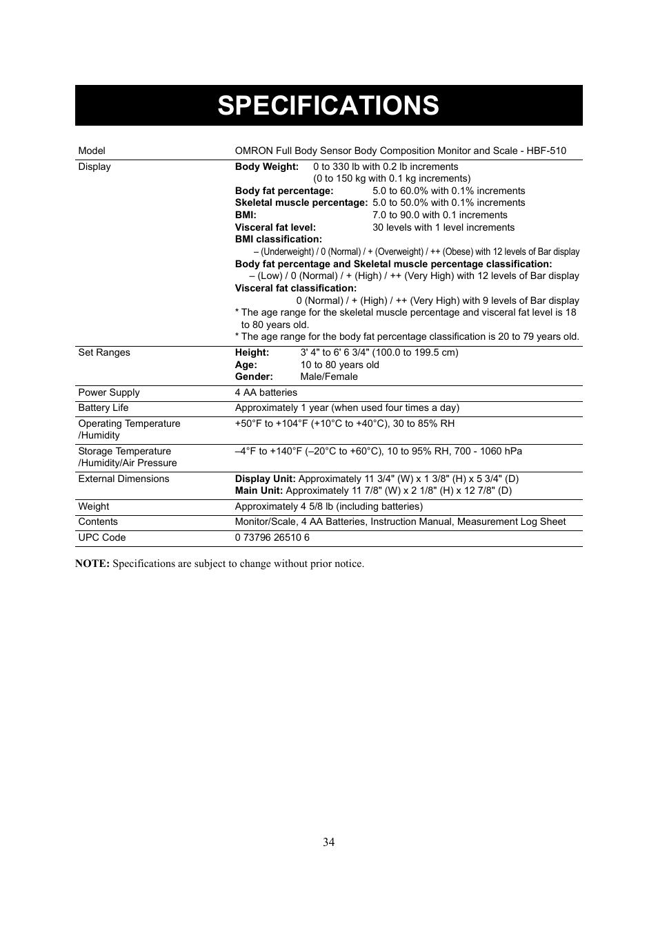 Specifications | Omron Healthcare HBF-510 User Manual | Page 34 / 36