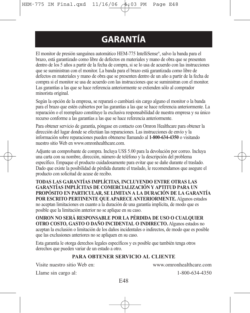 Garantía | Omron Healthcare HEM-775 User Manual | Page 100 / 104