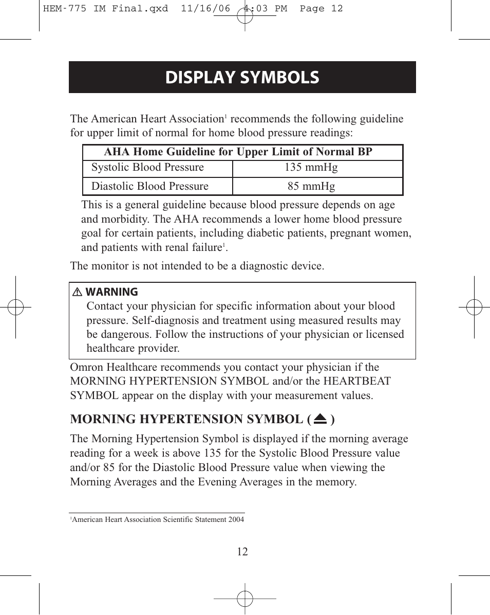 Morning hypertension symbol, Display symbols, Morning hypertension symbol ( ) | Omron Healthcare HEM-775 User Manual | Page 12 / 104