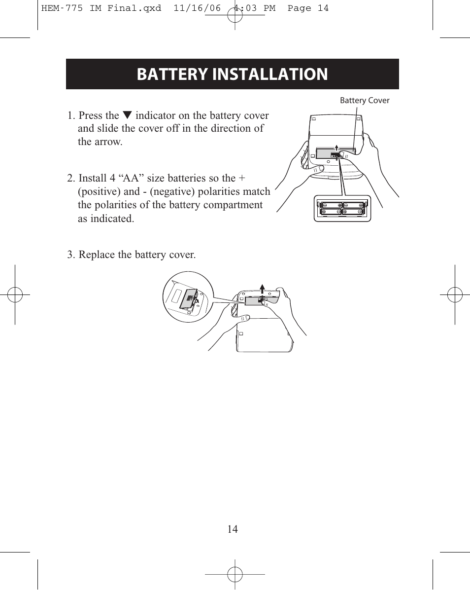 Battery installation | Omron Healthcare HEM-775 User Manual | Page 14 / 104