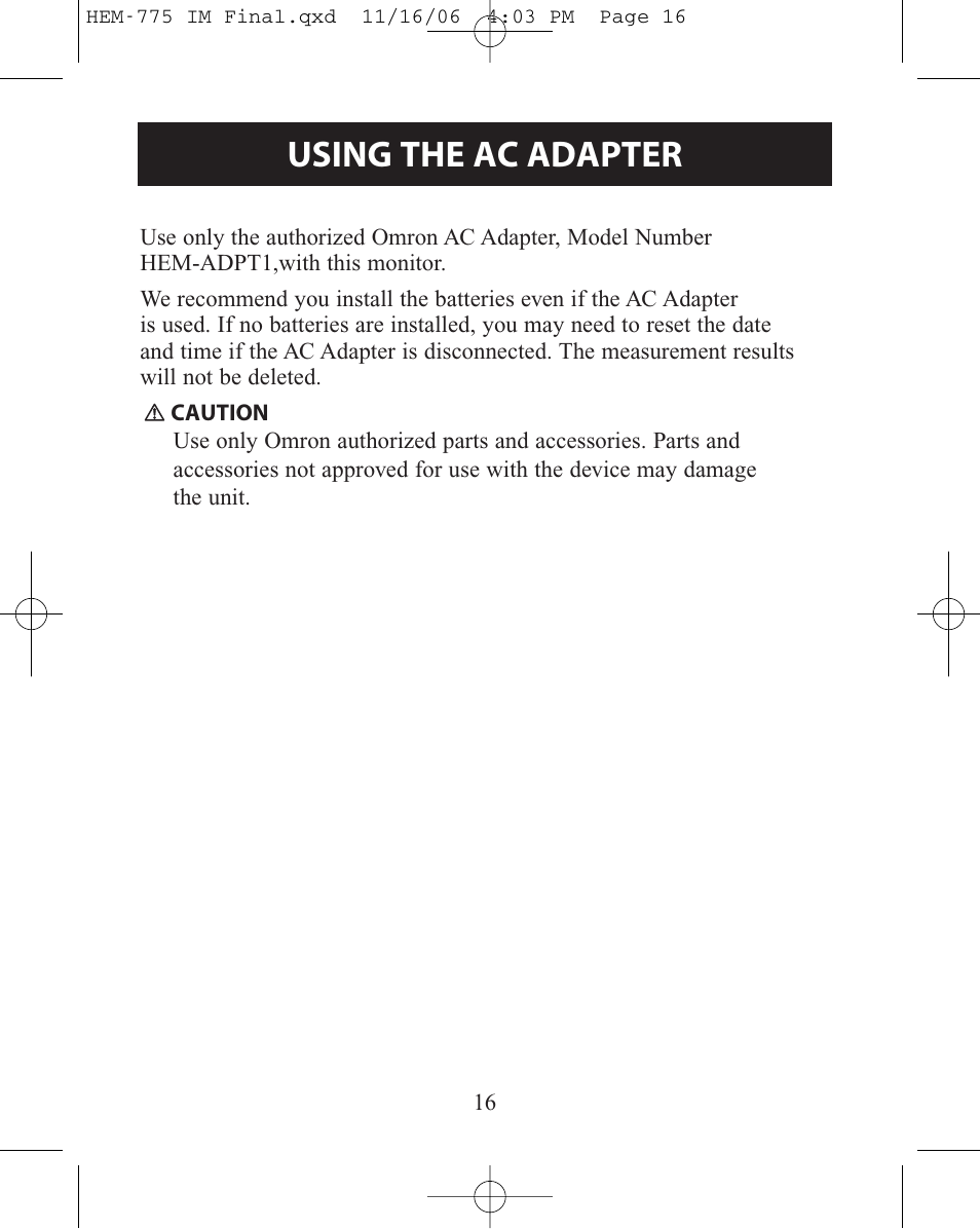 Using the ac adapter | Omron Healthcare HEM-775 User Manual | Page 16 / 104