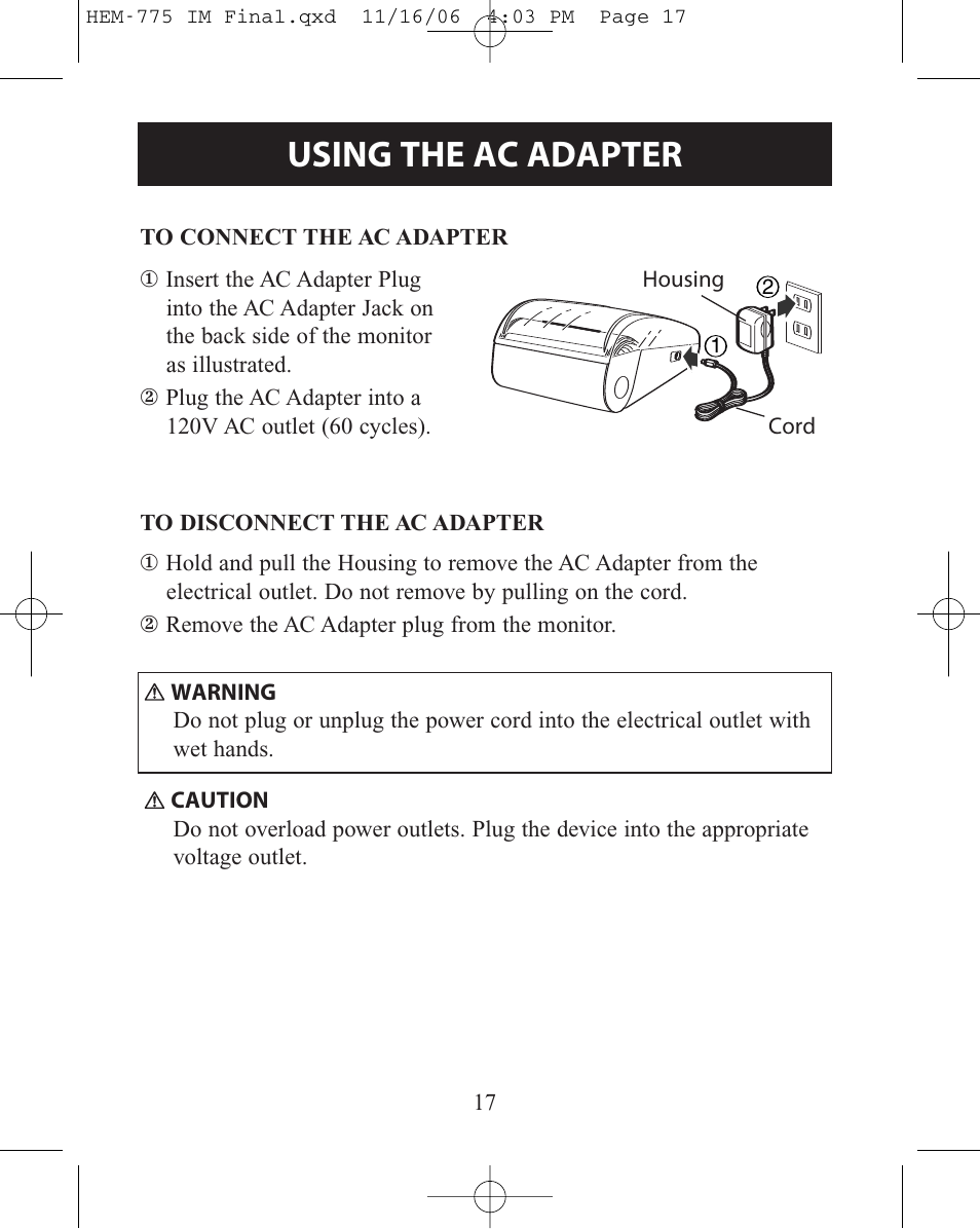 Using the ac adapter | Omron Healthcare HEM-775 User Manual | Page 17 / 104