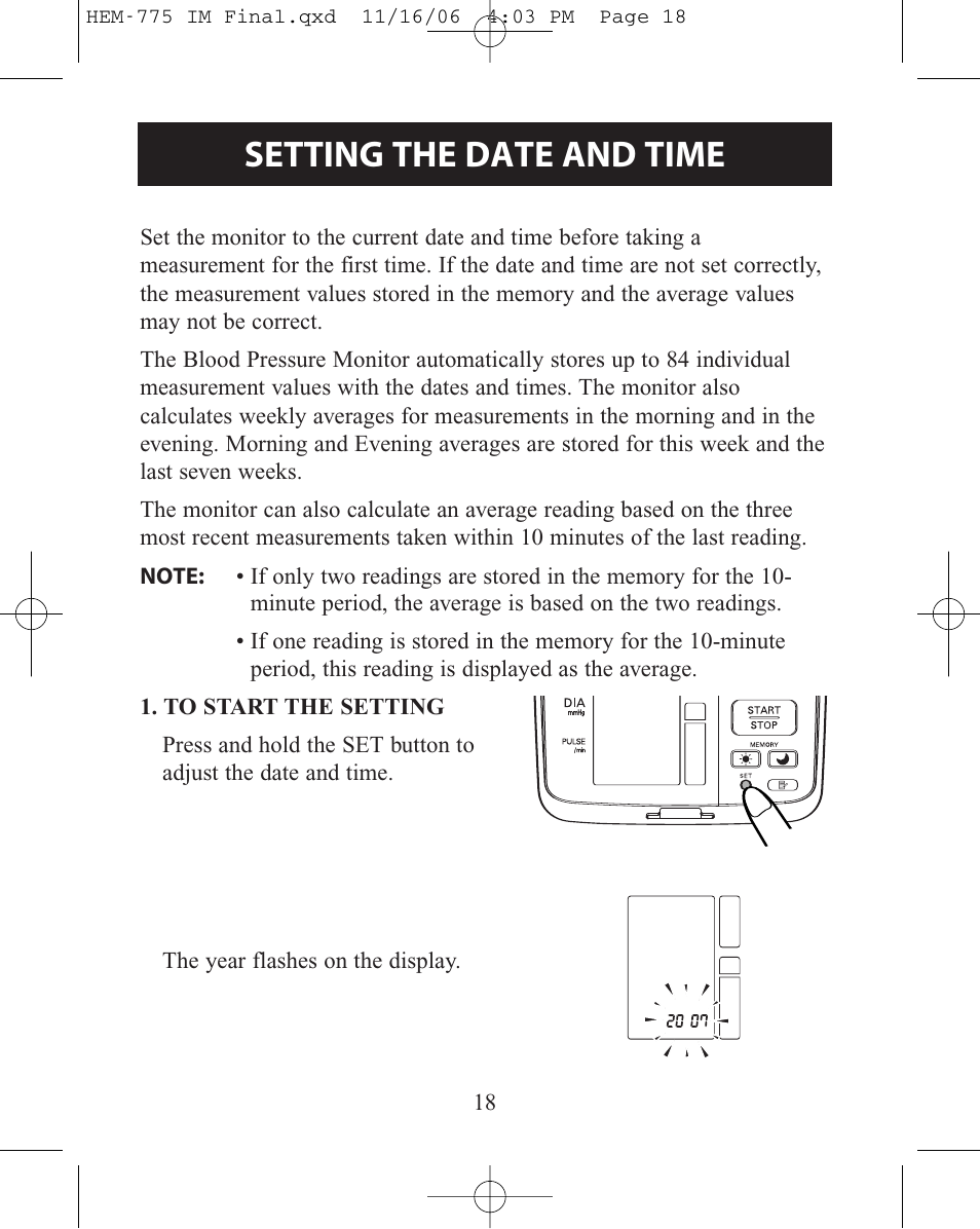 Setting the date and time | Omron Healthcare HEM-775 User Manual | Page 18 / 104