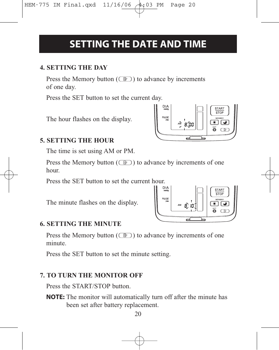 Setting the date and time | Omron Healthcare HEM-775 User Manual | Page 20 / 104
