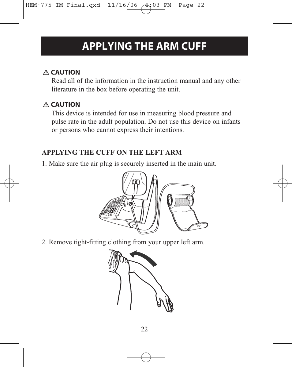 Applying the arm cuff | Omron Healthcare HEM-775 User Manual | Page 22 / 104