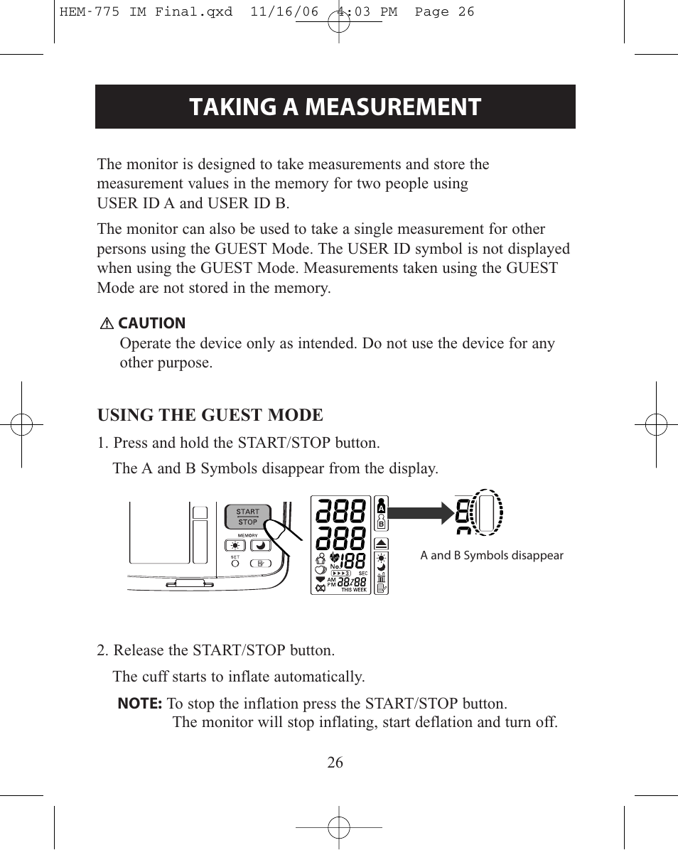 Taking a measurement, Using the guest mode | Omron Healthcare HEM-775 User Manual | Page 26 / 104