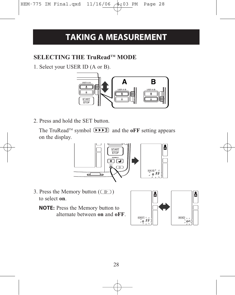 Selecting the trureadtm mode, Selecting the truread, Mode | Taking a measurement | Omron Healthcare HEM-775 User Manual | Page 28 / 104