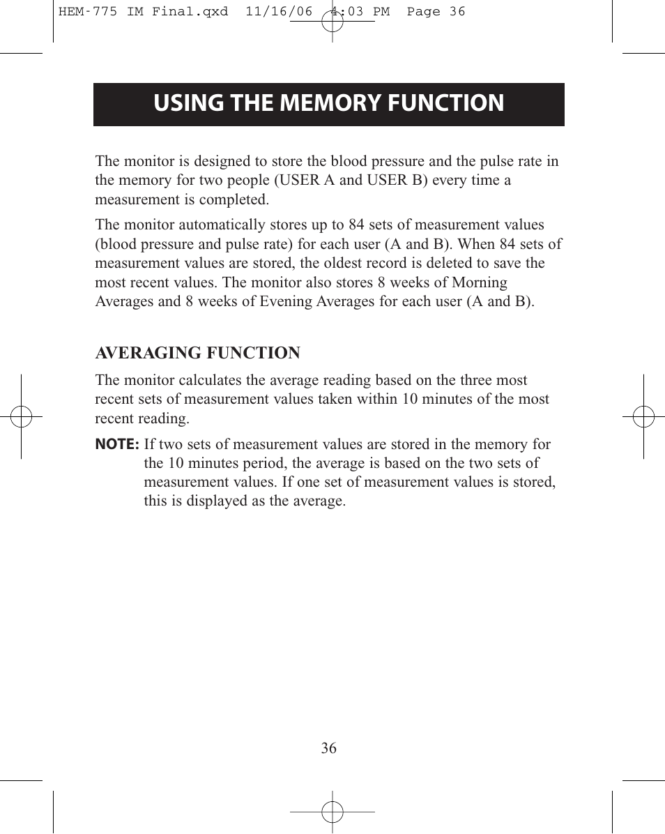 Using the memory function, Averaging function | Omron Healthcare HEM-775 User Manual | Page 36 / 104
