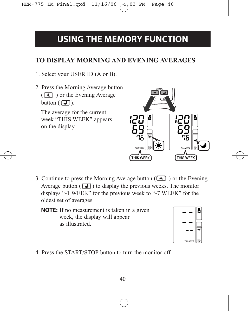 To display morning and eveni, To display morning and evening averages | Omron Healthcare HEM-775 User Manual | Page 40 / 104