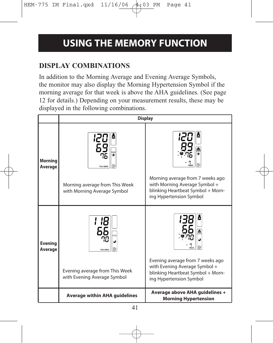Display combinations | Omron Healthcare HEM-775 User Manual | Page 41 / 104