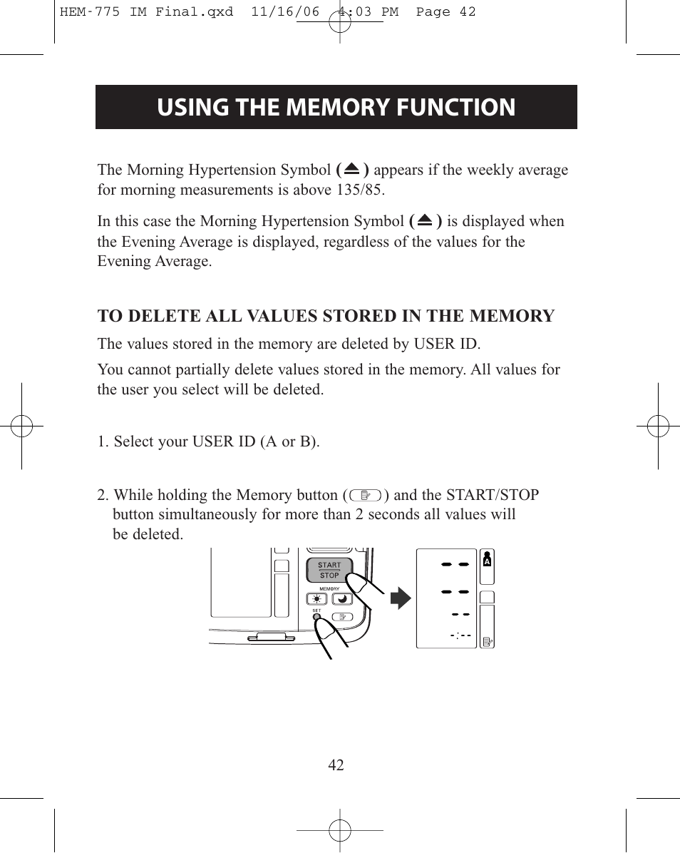 To delete all values stored, To delete all values stored in the memory | Omron Healthcare HEM-775 User Manual | Page 42 / 104