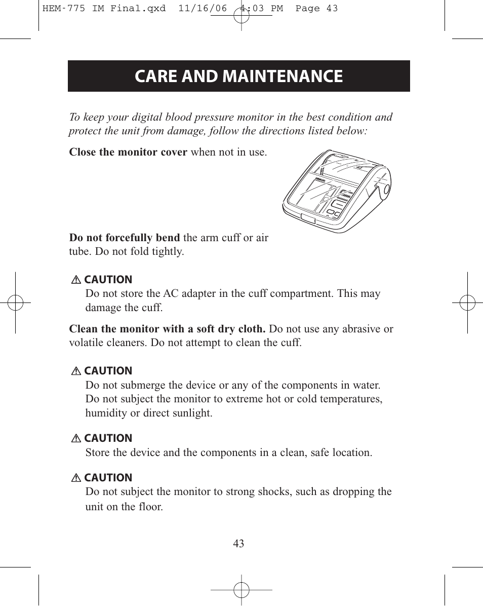 Care and maintenance | Omron Healthcare HEM-775 User Manual | Page 43 / 104