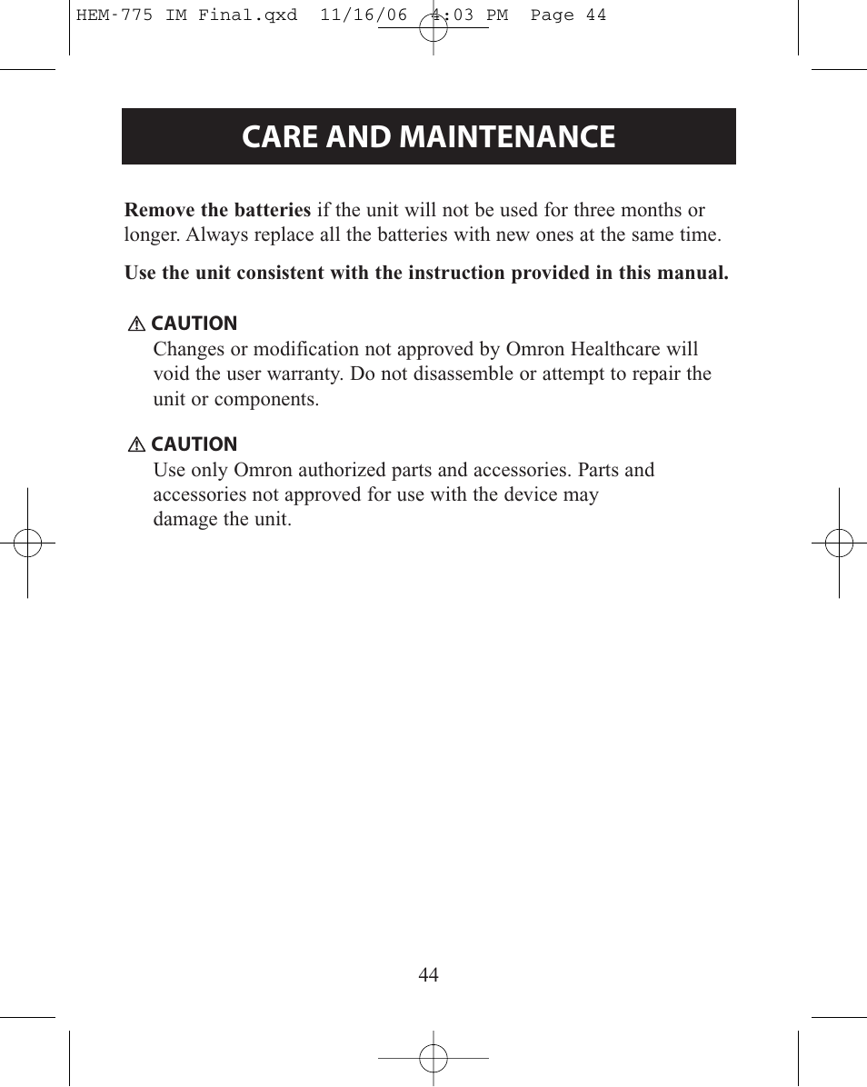 Care and maintenance | Omron Healthcare HEM-775 User Manual | Page 44 / 104
