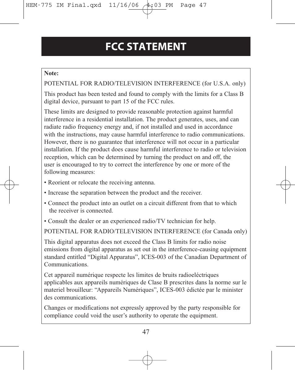 Fcc statement | Omron Healthcare HEM-775 User Manual | Page 47 / 104