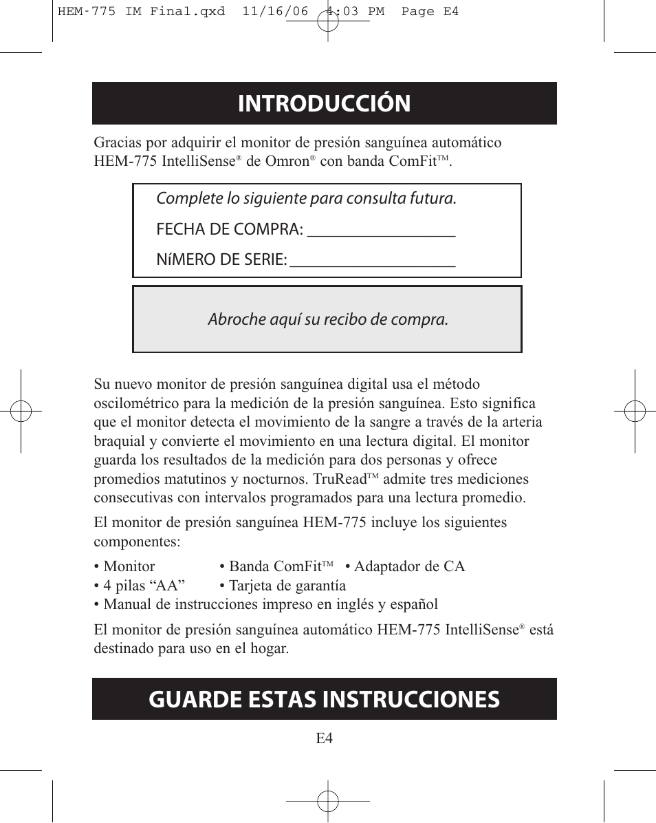 Introducción, Guarde estas instrucciones | Omron Healthcare HEM-775 User Manual | Page 56 / 104