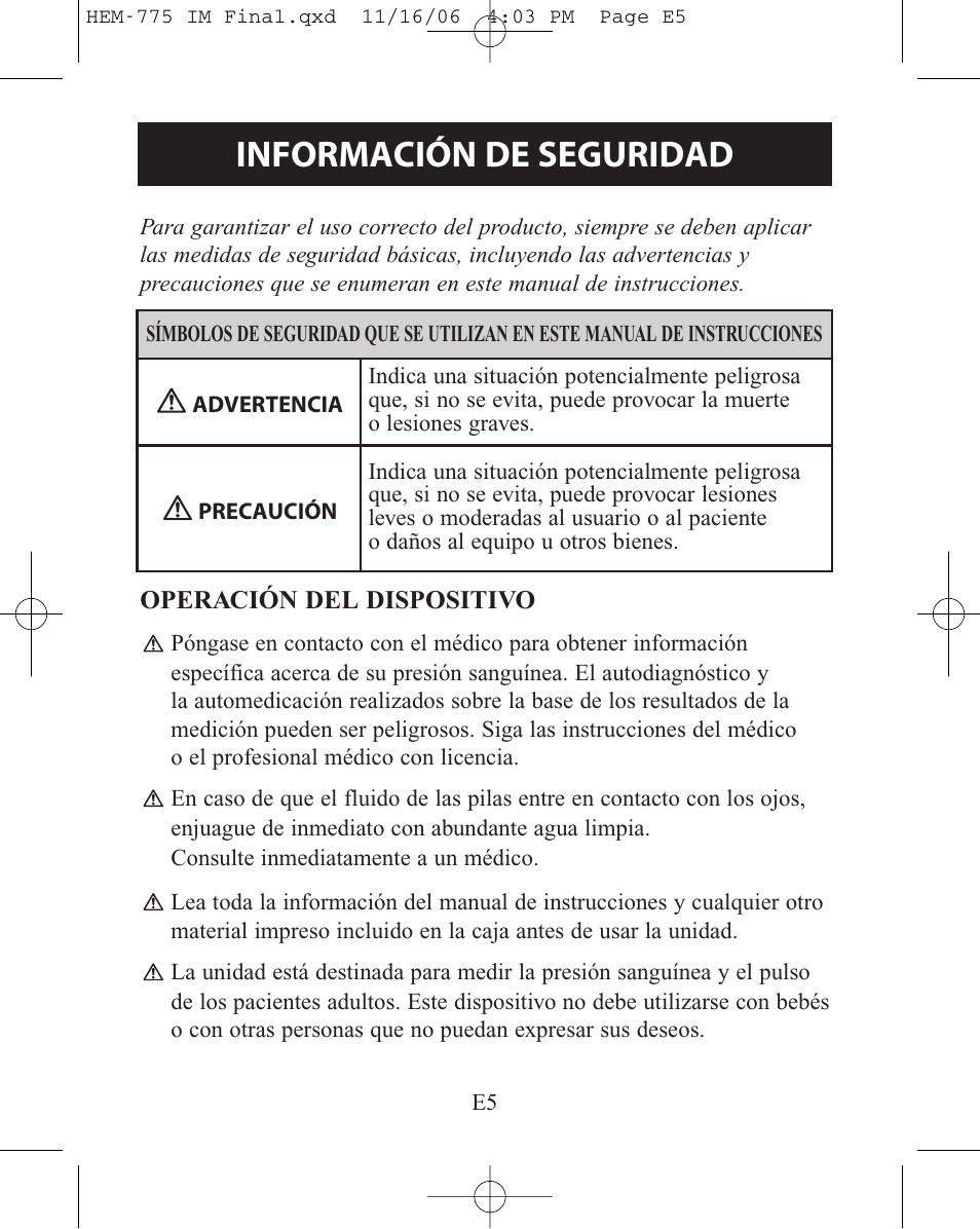 Información de seguridad | Omron Healthcare HEM-775 User Manual | Page 57 / 104