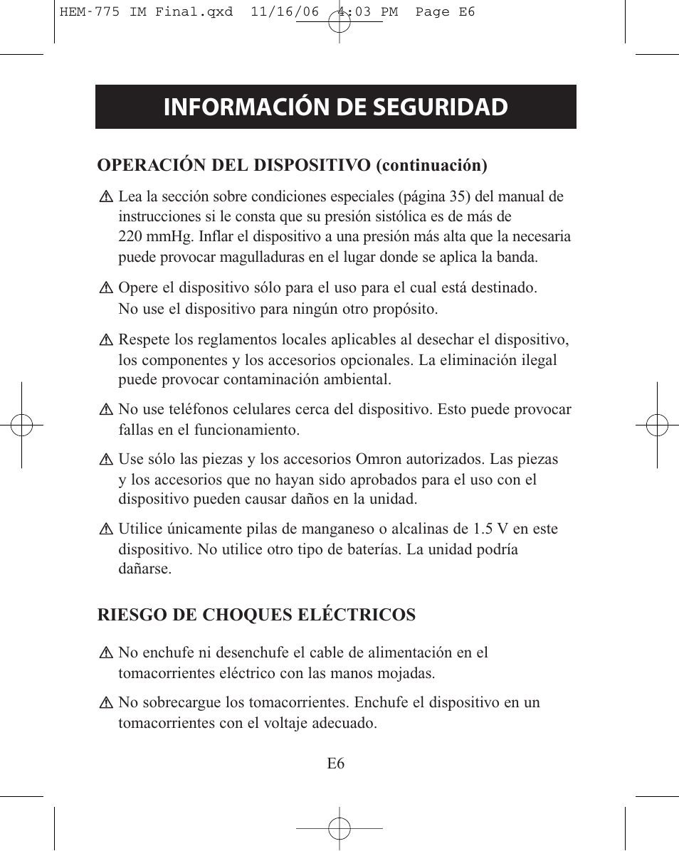 Información de seguridad | Omron Healthcare HEM-775 User Manual | Page 58 / 104