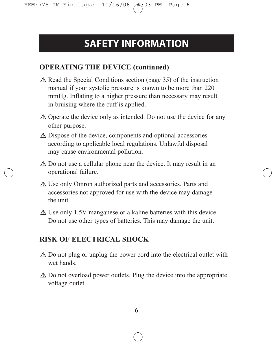 Risk of electrical shock, Safety information | Omron Healthcare HEM-775 User Manual | Page 6 / 104