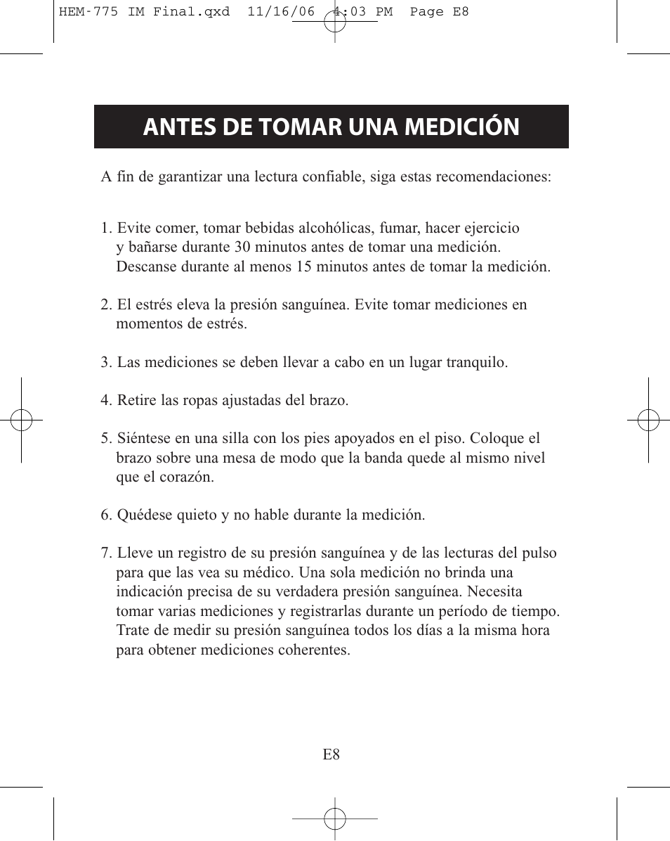 Antes de tomar una medición | Omron Healthcare HEM-775 User Manual | Page 60 / 104