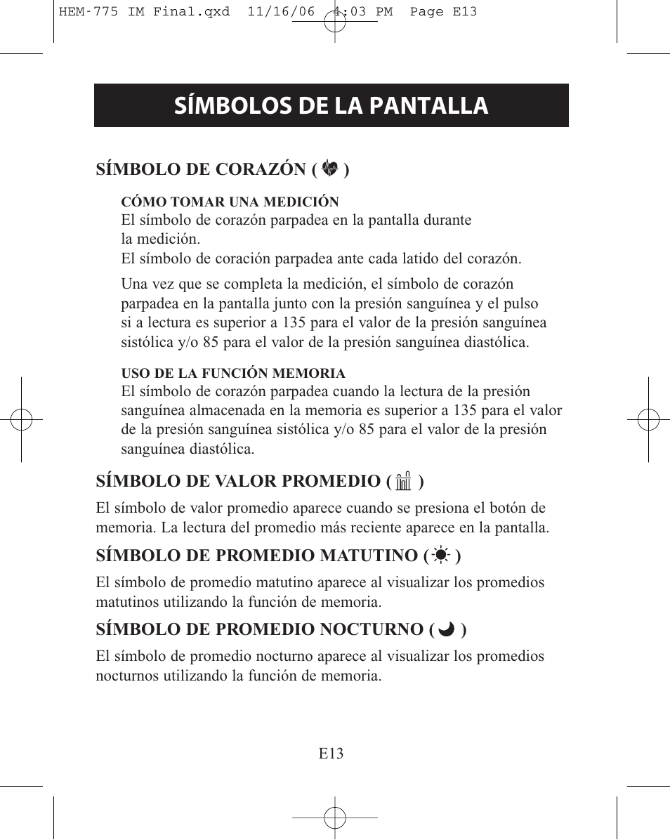 Símbolos de la pantalla | Omron Healthcare HEM-775 User Manual | Page 65 / 104