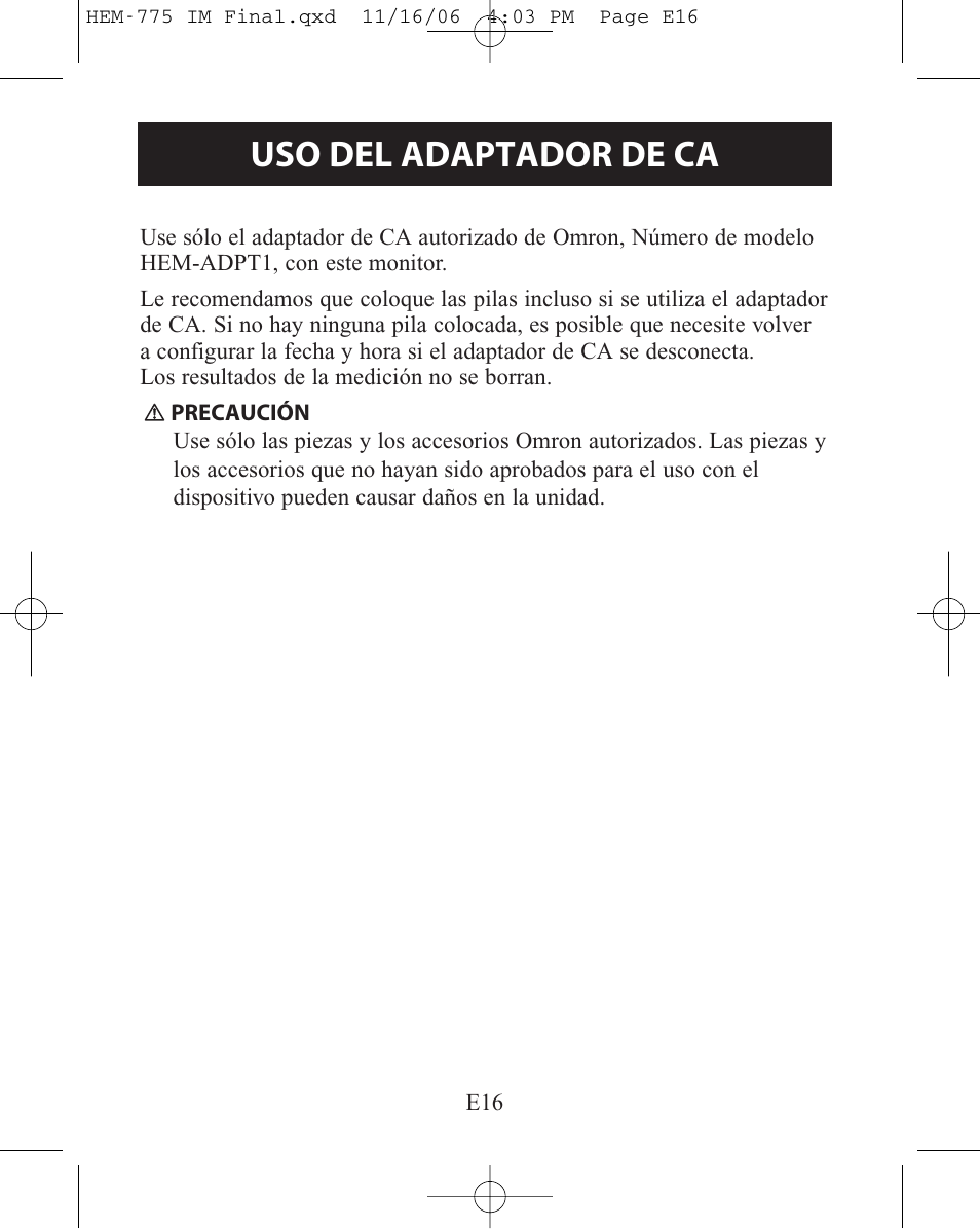 Uso del adaptador de ca | Omron Healthcare HEM-775 User Manual | Page 68 / 104