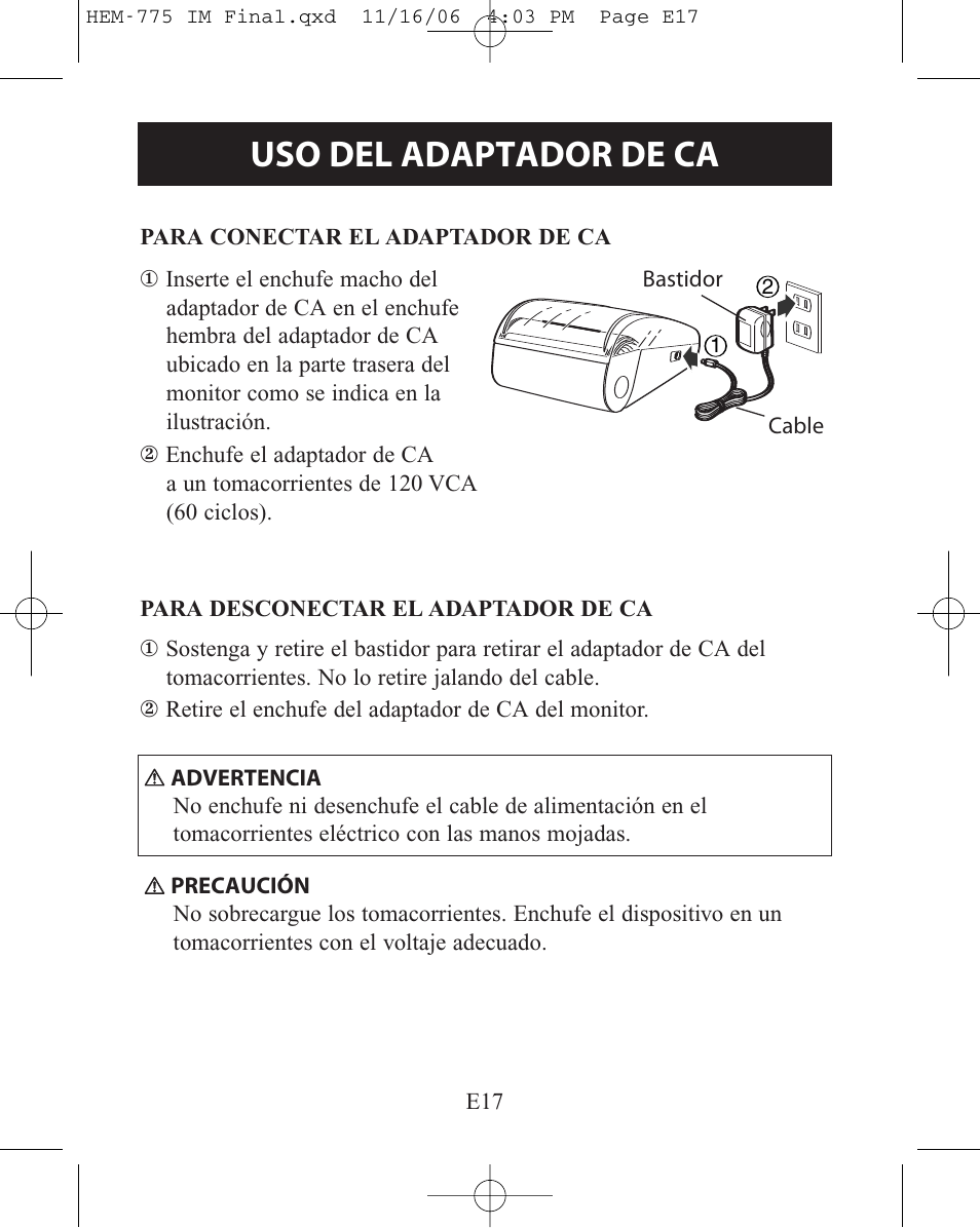 Uso del adaptador de ca | Omron Healthcare HEM-775 User Manual | Page 69 / 104