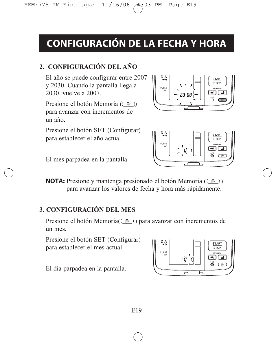 Configuración de la fecha y hora | Omron Healthcare HEM-775 User Manual | Page 71 / 104