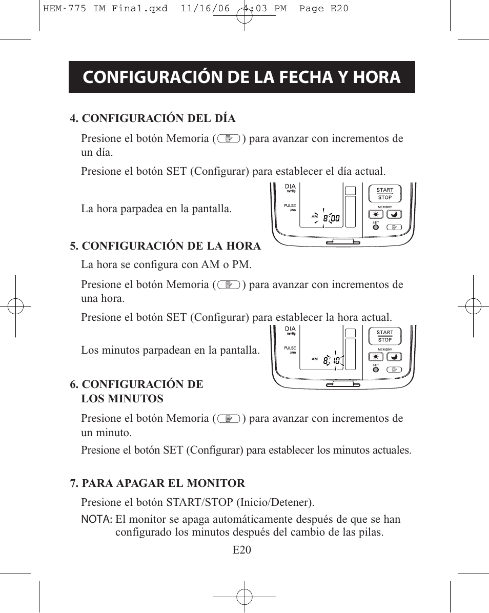 Configuración de la fecha y hora | Omron Healthcare HEM-775 User Manual | Page 72 / 104