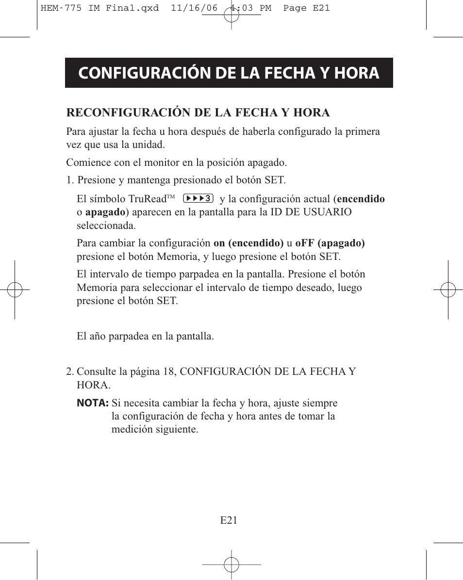 Configuración de la fecha y hora | Omron Healthcare HEM-775 User Manual | Page 73 / 104