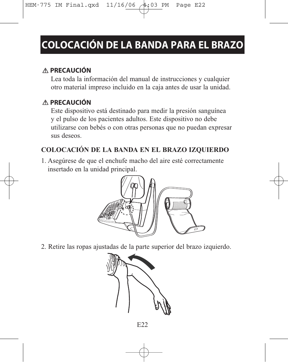 Colocación de la banda para el brazo | Omron Healthcare HEM-775 User Manual | Page 74 / 104