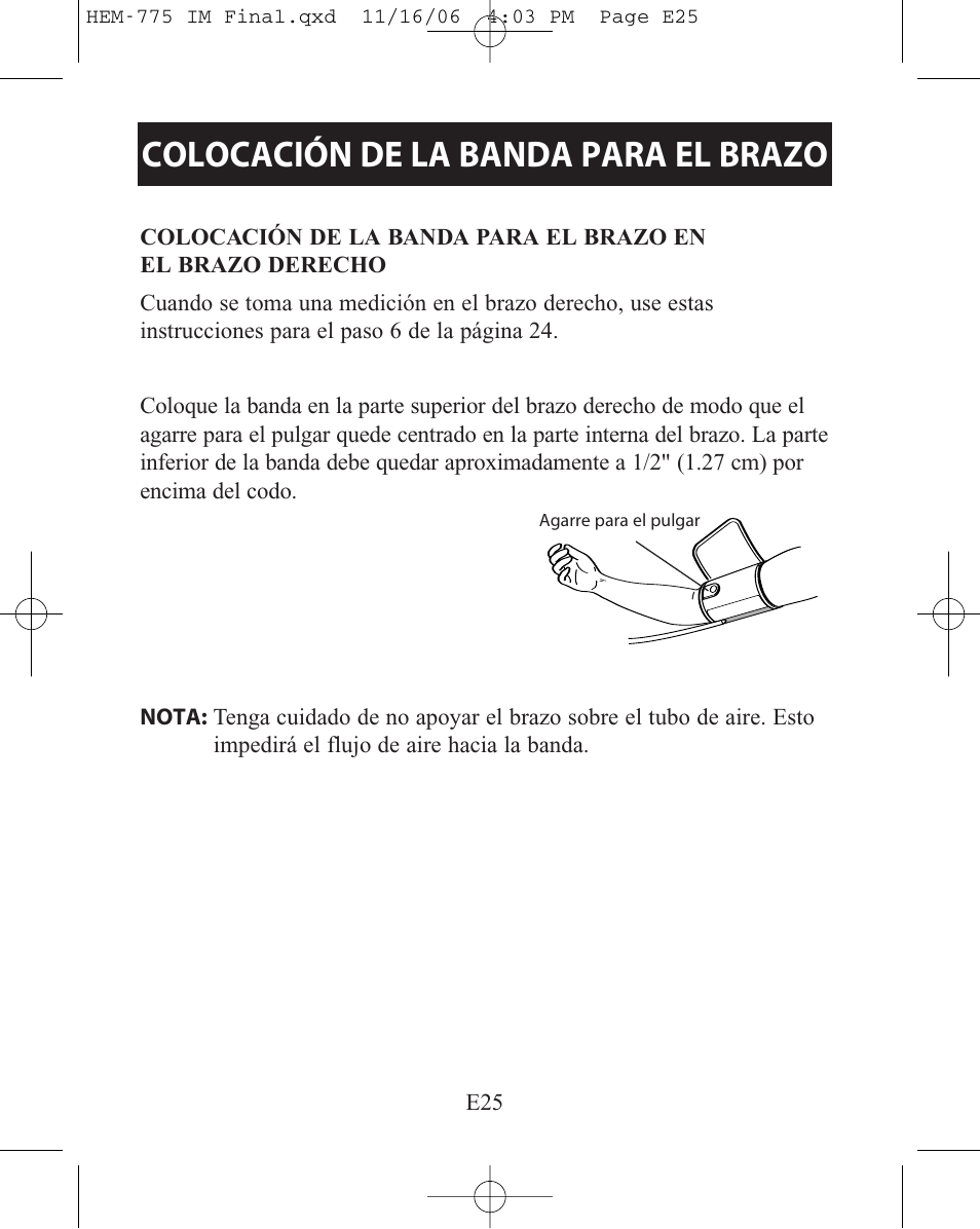 Colocación de la banda para el brazo | Omron Healthcare HEM-775 User Manual | Page 77 / 104